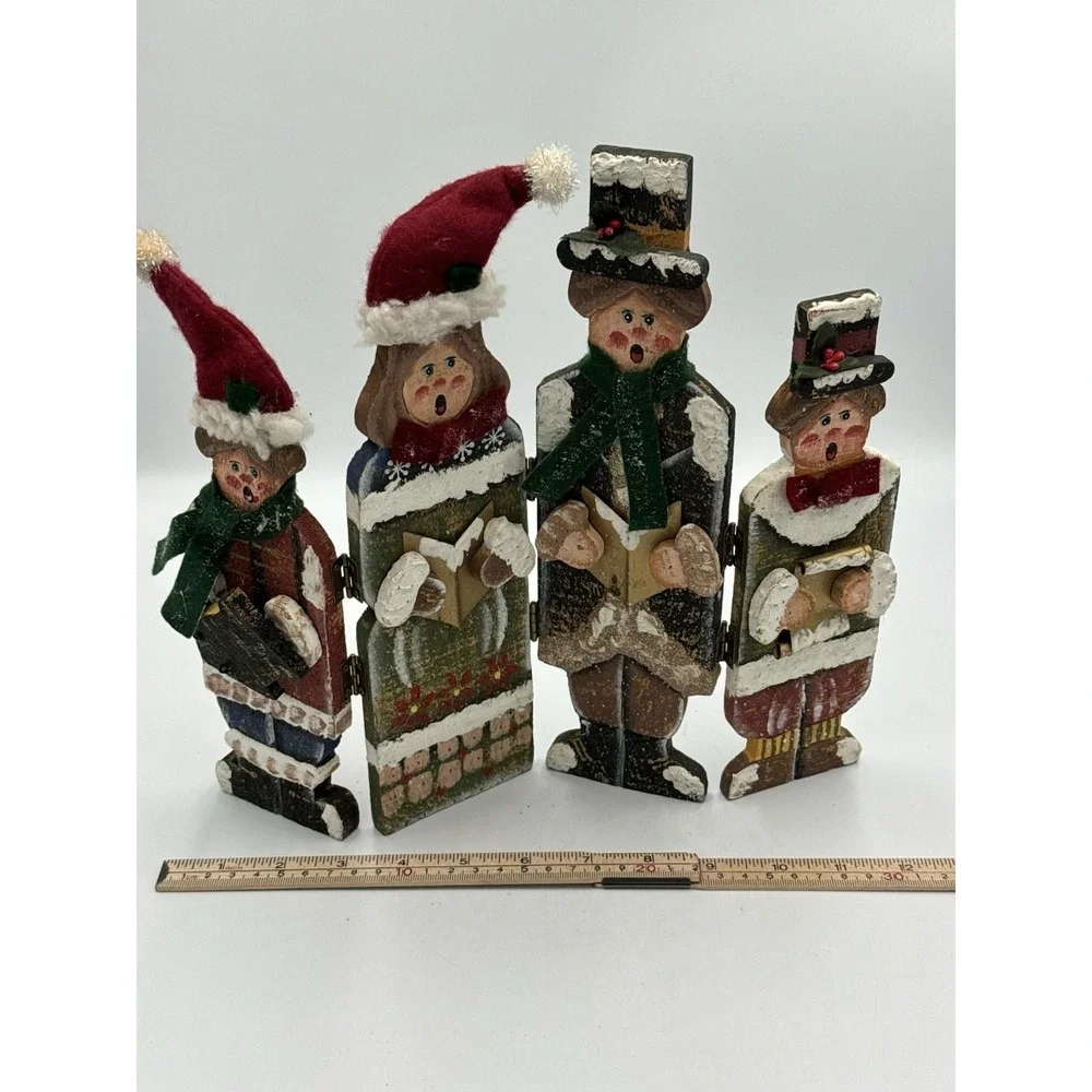 Vintage Wooden Christmas Carolers Hand-Painted Hinged Screen Rustic Victorian